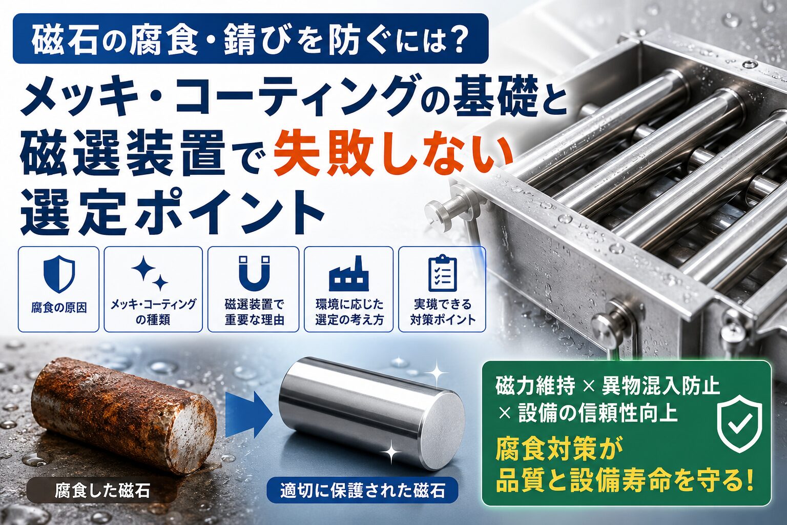 磁石の腐食・錆びを防ぐには?メッキ・コーティングの基礎と磁選装置で失敗しない選定ポイント